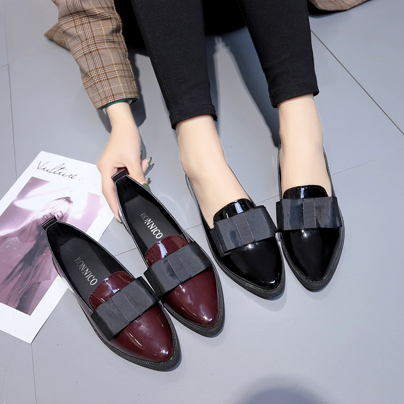 Women'S Fashion Loafers - Schwarze/Weinrote Lackleder-Spitzschuhe, Slipper mit Schleifenknoten, Vielseitige