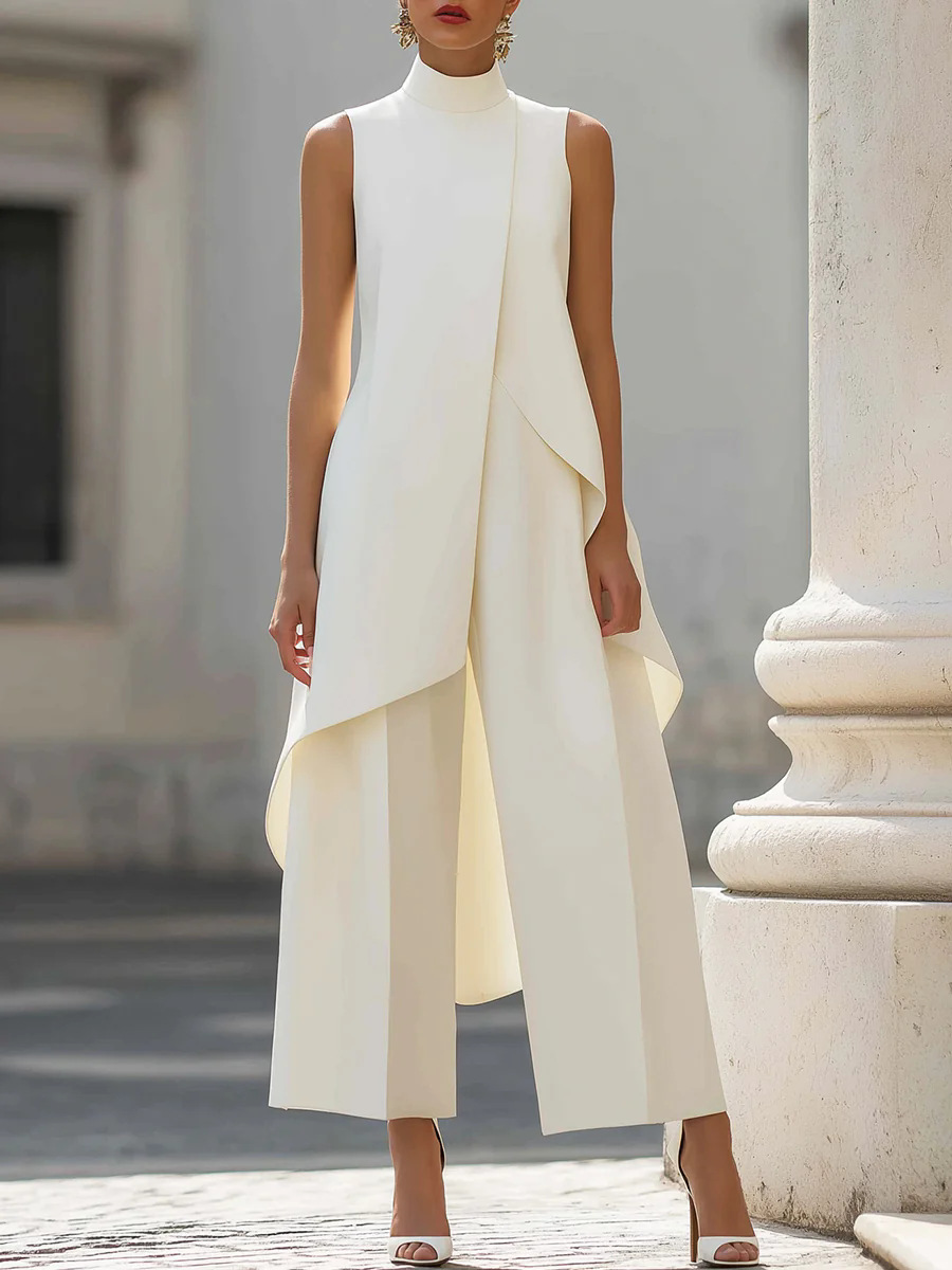 Wide Leg Palazzo Pants - Damen-Set mit Stehkragen, ärmelloser, mehrlagiger langer