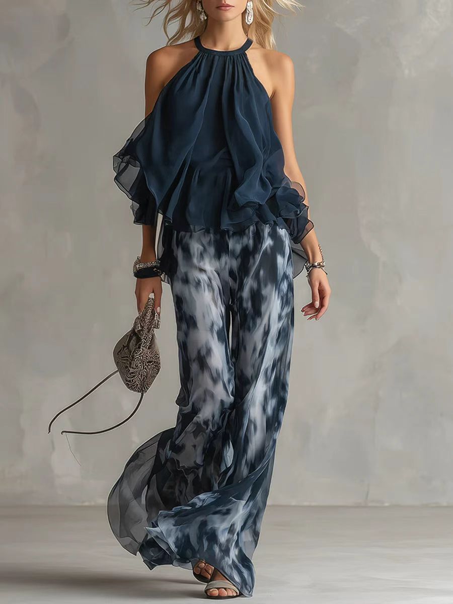Wide Leg Palazzo Pants - Chiffon Damen Sommer 2-teiliges Set, ärmelloses