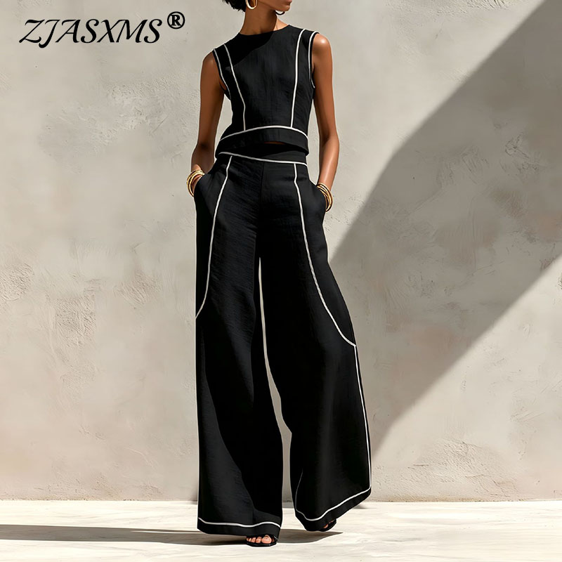 Wide Leg Palazzo Pants - Vintage Gestreifter Zweiteiler für Damen Ärmellose