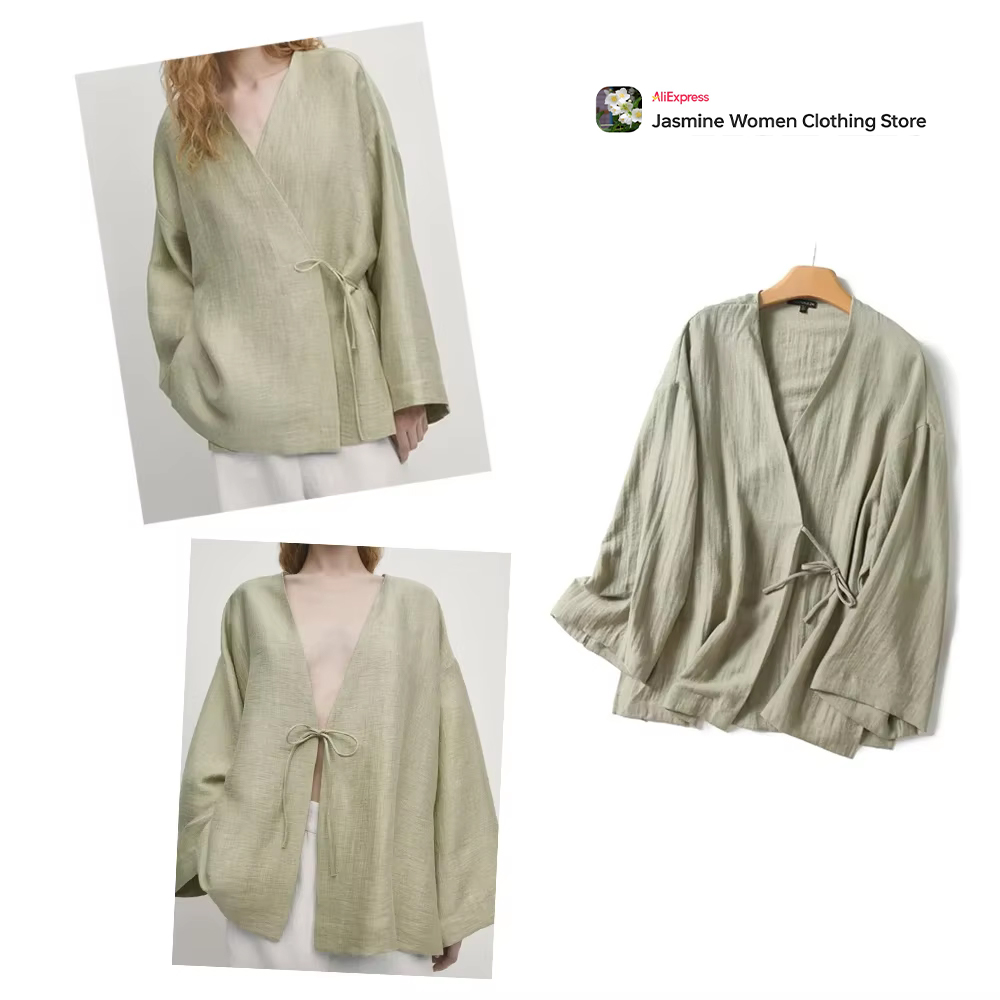 Women'S Fashion Kimono - Bequeme Olivbluse mit Krawatten, lange tiefe