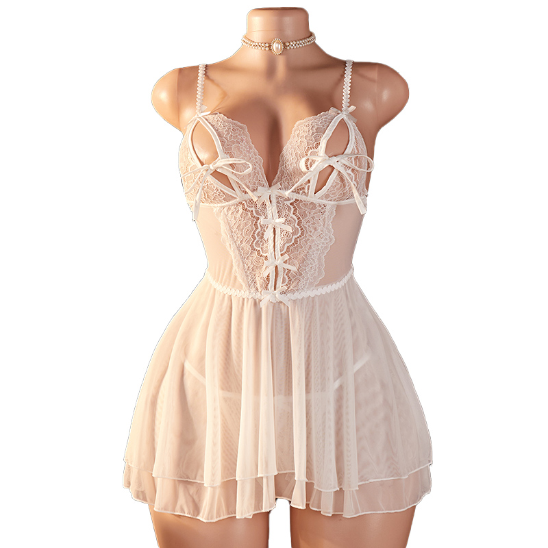 Floral Summer Dress - Transparente Sexy Damen-Lingerie Tiefer V-Ausschnitt Weiße
