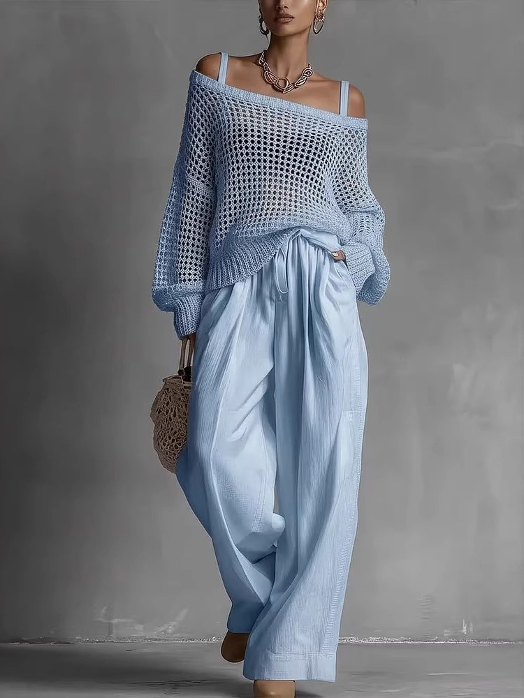 Wide Leg Palazzo Pants - Baumwoll-Freizeithosen-Sets für Damen, einfarbiges, langärmliges, gestricktes