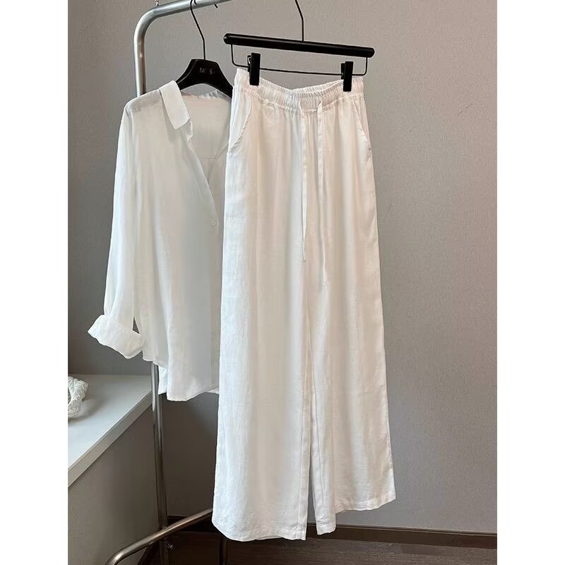 Wide Leg Palazzo Pants - Koreanisches Set aus weißer Baumwolle und
