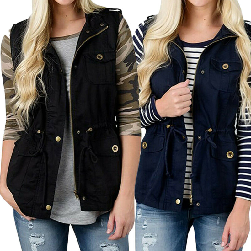 Women'S Fashion Utility Vest - Mode Frauen Weste Olive Cargo Utility